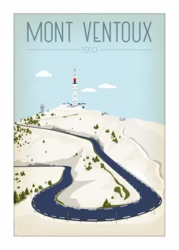 Illustration vectorielle épurée du Mont Ventoux par DesignByMathieu, montrant la route en lacets menant au sommet et à son observatoire blanc et rouge sous un ciel bleu clair.