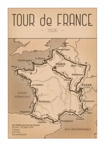 Poster de la Carte du Tour de France 1926, illustration décorative prête à encadrer